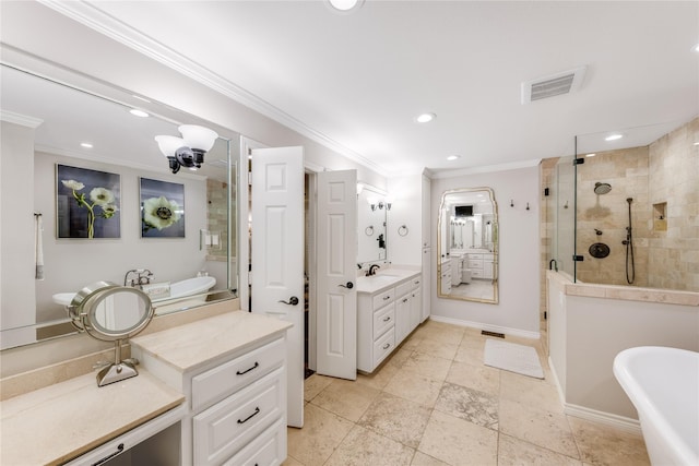 bathroom with visible vents, baseboards, ornamental molding, recessed lighting, and a stall shower