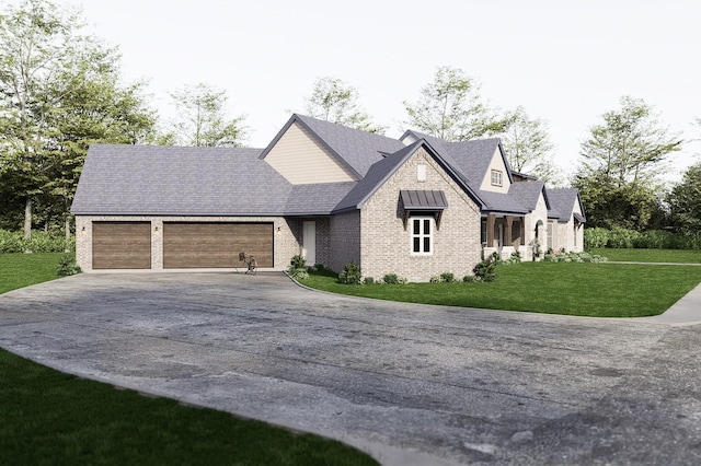 view of front facade with roof with shingles, an attached garage, a front lawn, concrete driveway, and brick siding