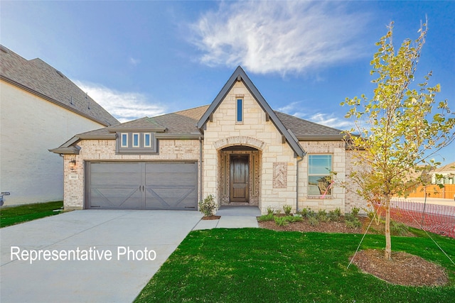 view of front facade featuring driveway, a front lawn, an attached garage, and a shingled roof