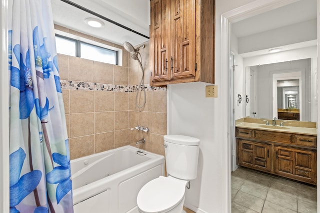 full bathroom featuring tile patterned flooring, shower / tub combo with curtain, vanity, and toilet