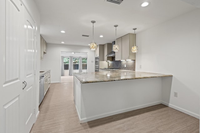 kitchen with baseboards, light stone countertops, decorative backsplash, recessed lighting, and a peninsula