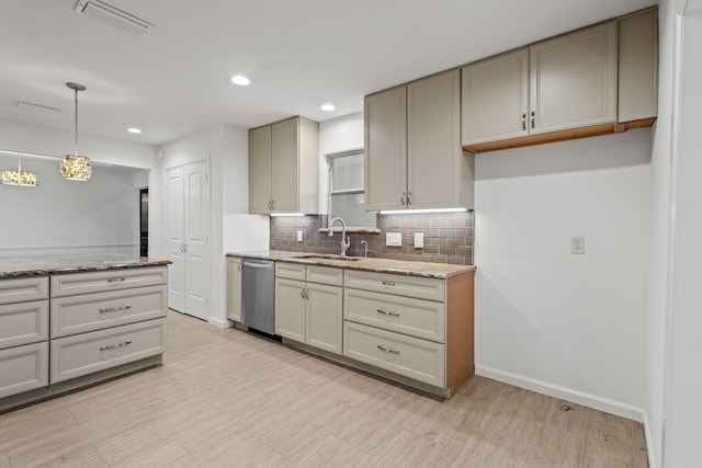 kitchen with light stone counters, visible vents, a sink, stainless steel dishwasher, and tasteful backsplash