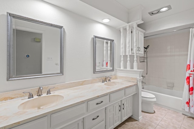 full bath featuring tile patterned floors, toilet, a sink, shower / tub combo, and double vanity