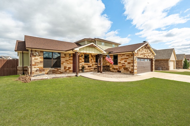 view of front of house featuring stone siding, an attached garage, board and batten siding, and a front lawn