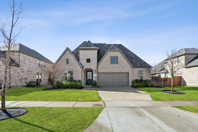 french country style house featuring brick siding, a front lawn, fence, concrete driveway, and a garage