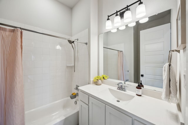 full bath with vanity and shower / bath combination with curtain