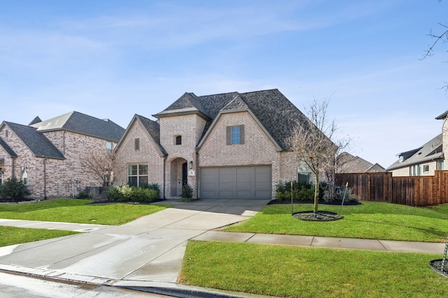 french country home featuring a front lawn, fence, and brick siding