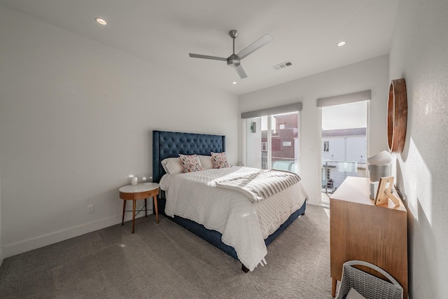 bedroom featuring visible vents, ceiling fan, baseboards, carpet floors, and recessed lighting