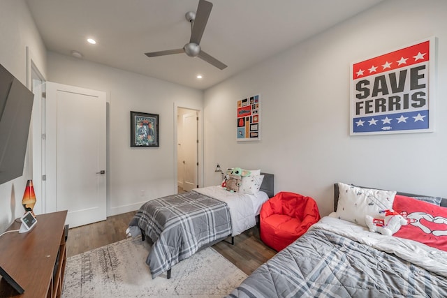 bedroom with recessed lighting, baseboards, ceiling fan, and wood finished floors