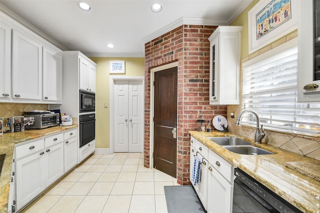 kitchen featuring light tile patterned floors, ornamental molding, a sink, black appliances, and tasteful backsplash