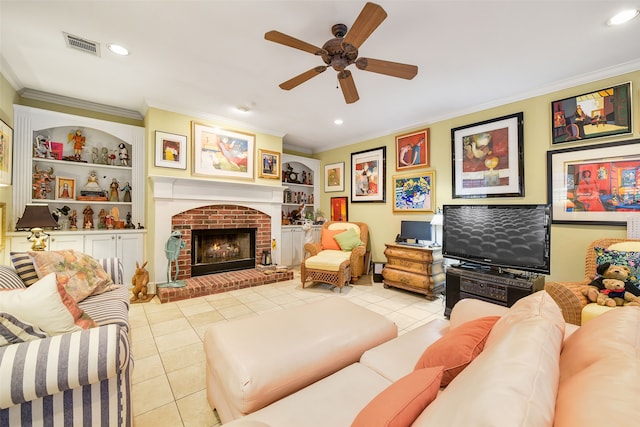 tiled living room featuring crown molding, built in shelves, and visible vents