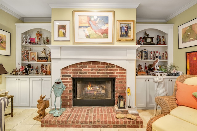 sitting room featuring light tile patterned flooring, a fireplace, built in shelves, and ornamental molding