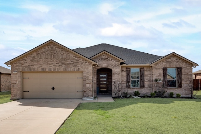 french country inspired facade featuring concrete driveway, a garage, brick siding, and a front lawn