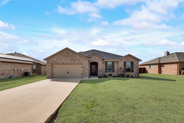 view of front of house featuring driveway, brick siding, central AC unit, and a front lawn