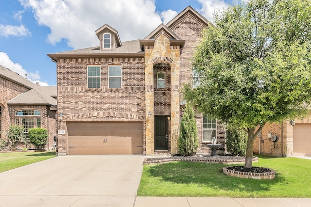 5113 Vieques Ln, Fort Worth, TX 76244 - french country style house with brick siding, driveway, a front yard, an attached garage, and a shingled roof