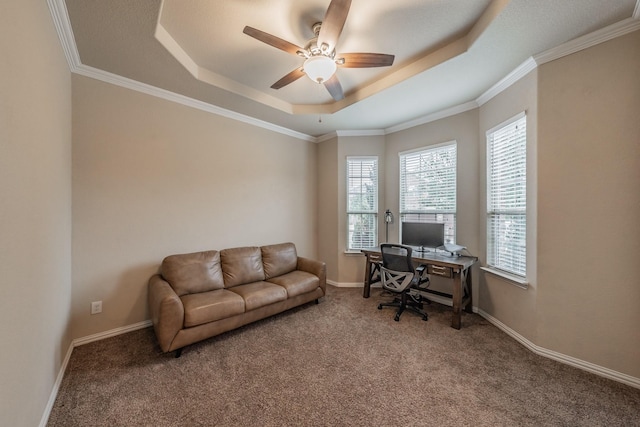 carpeted office with a tray ceiling, a ceiling fan, baseboards, and ornamental molding