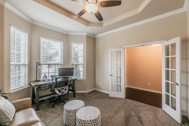 5113 Vieques Ln, Fort Worth, TX 76244 - office area with french doors, carpet floors, a tray ceiling, a ceiling fan, and crown molding