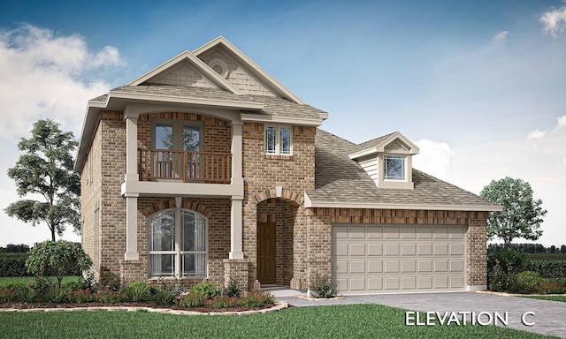 view of front of property featuring brick siding, driveway, and a balcony