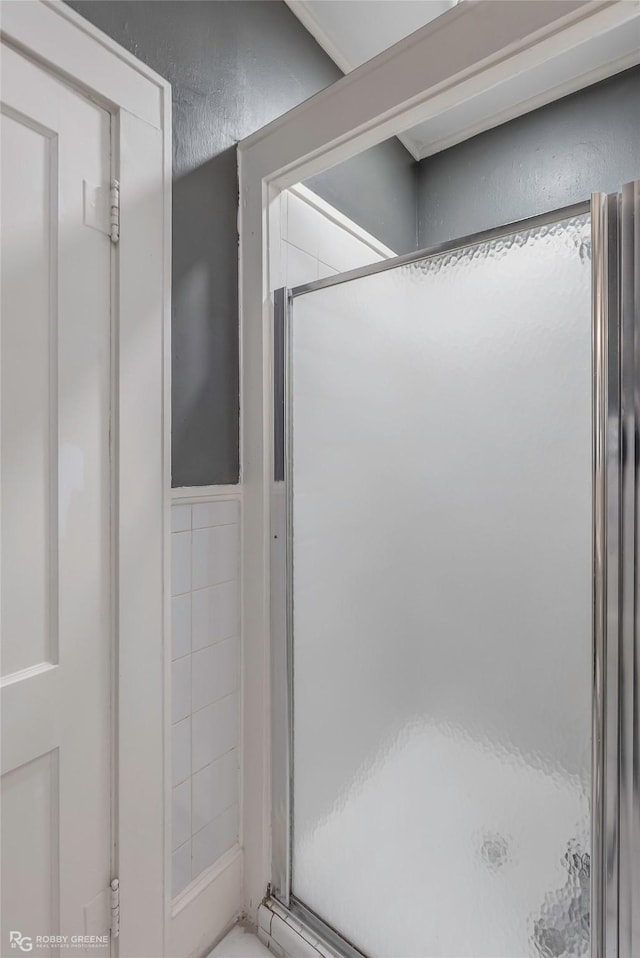 bathroom featuring a wainscoted wall, tile walls, and a stall shower