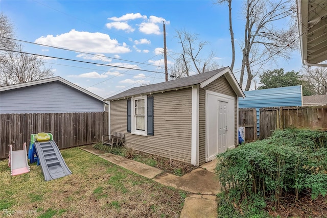 view of outbuilding featuring an outdoor structure and a fenced backyard