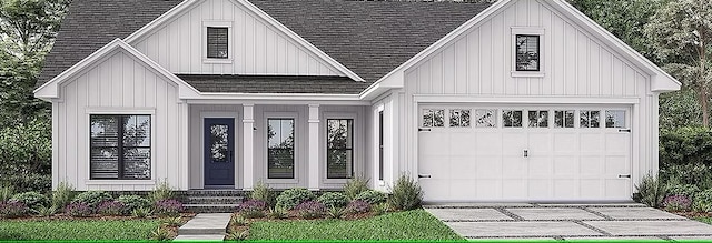 modern inspired farmhouse with board and batten siding, a shingled roof, a garage, and concrete driveway