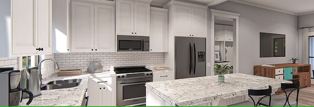 kitchen featuring a sink, tasteful backsplash, a center island, appliances with stainless steel finishes, and crown molding