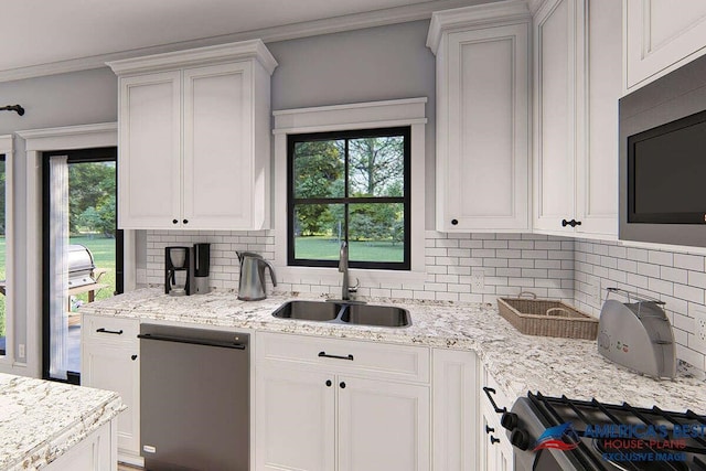 kitchen with ornamental molding, a sink, stainless steel microwave, tasteful backsplash, and dishwasher