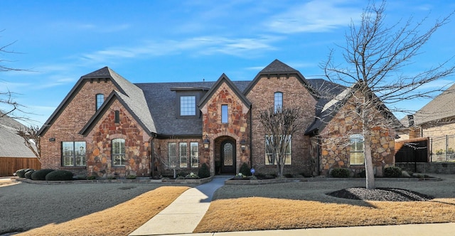 tudor home with stone siding, brick siding, a shingled roof, and fence