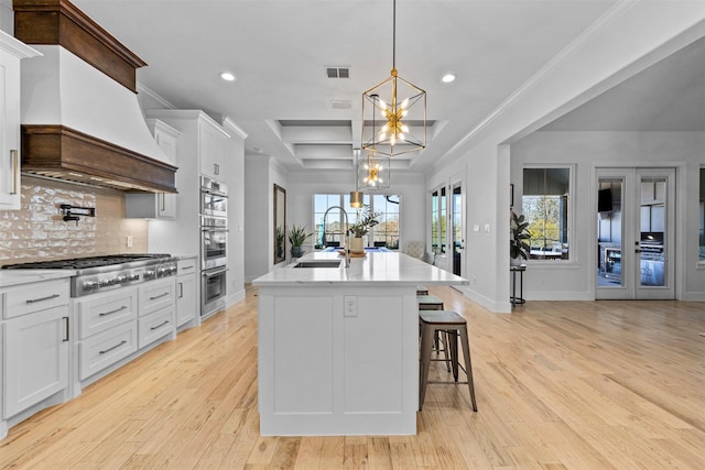 kitchen with an inviting chandelier, visible vents, premium range hood, a sink, and stainless steel appliances