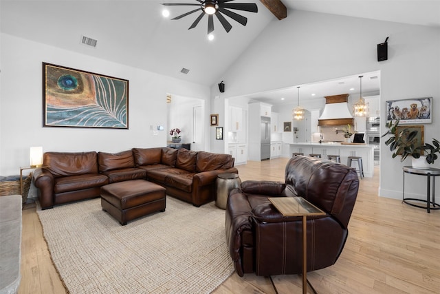 living area featuring visible vents, beamed ceiling, high vaulted ceiling, a ceiling fan, and light wood-style flooring