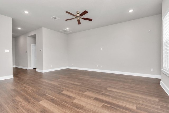 unfurnished room featuring visible vents, recessed lighting, a ceiling fan, and wood finished floors