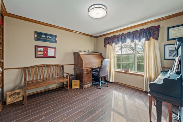 office space with wood finish floors and ornamental molding