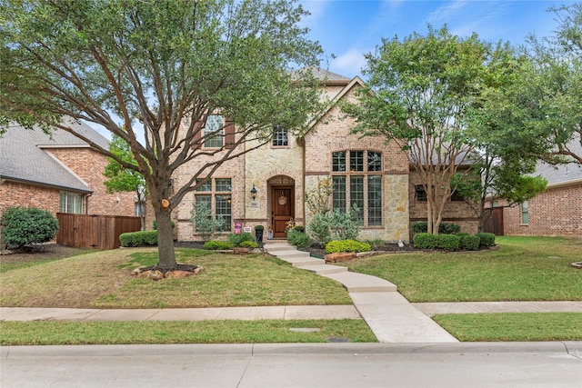 view of front of home with a front lawn, fence, brick siding, and stone siding