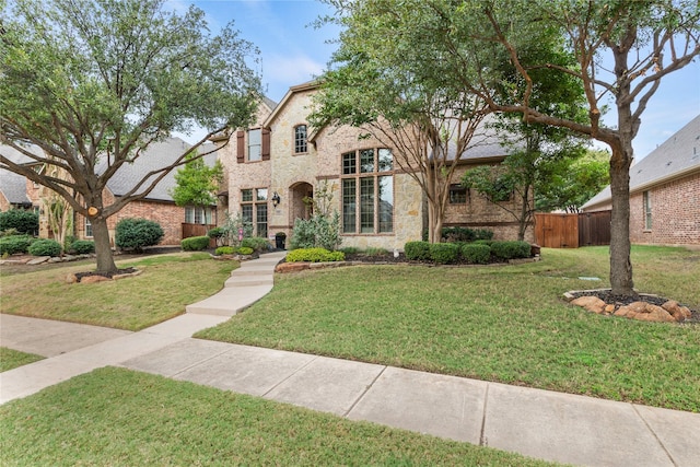 view of front of house featuring a front lawn, fence, and brick siding