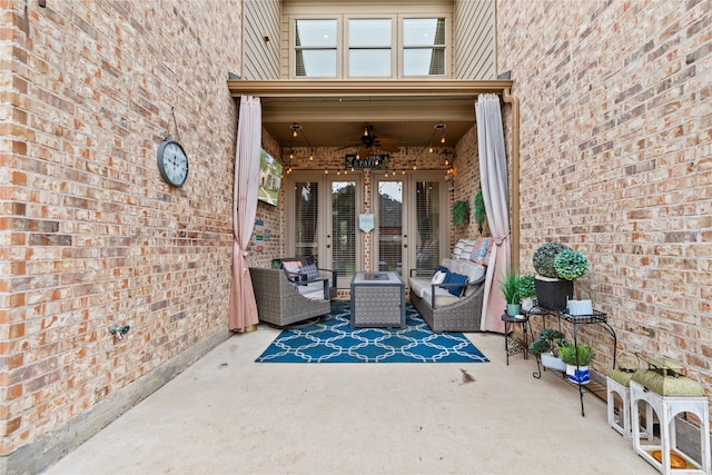 view of patio / terrace with french doors, outdoor lounge area, and ceiling fan