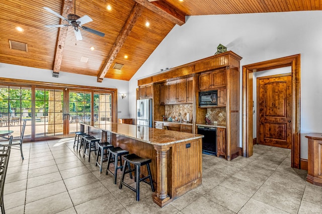 kitchen featuring wood ceiling, beam ceiling, backsplash, and black appliances