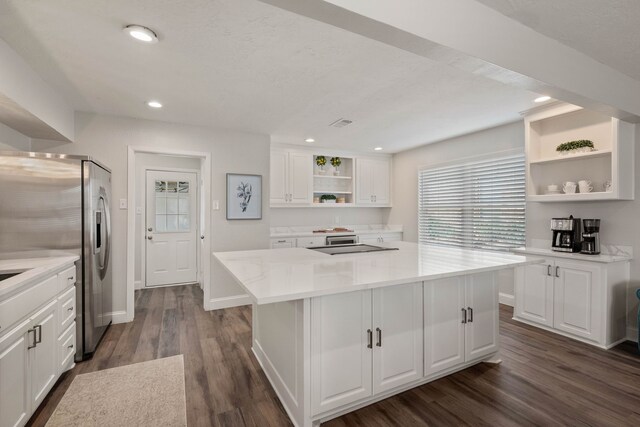 kitchen featuring open shelves, wine cooler, white cabinets, and appliances with stainless steel finishes