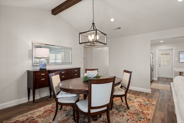 dining room with visible vents, baseboards, lofted ceiling with beams, recessed lighting, and wood finished floors