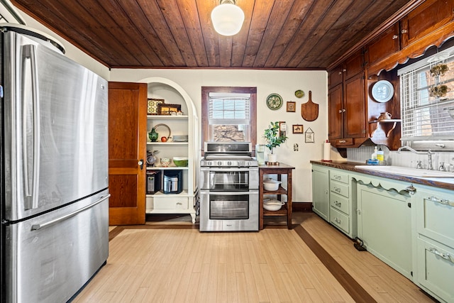 kitchen featuring light wood-style flooring, a sink, wood ceiling, appliances with stainless steel finishes, and green cabinets