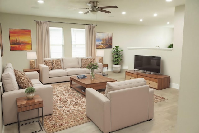 living room with recessed lighting, baseboards, and ceiling fan