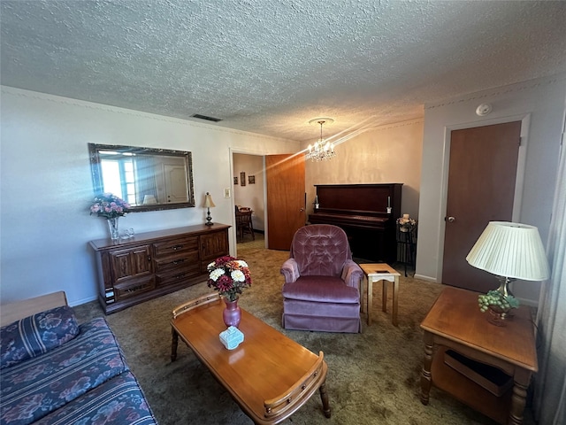 carpeted living area with an inviting chandelier, visible vents, and a textured ceiling