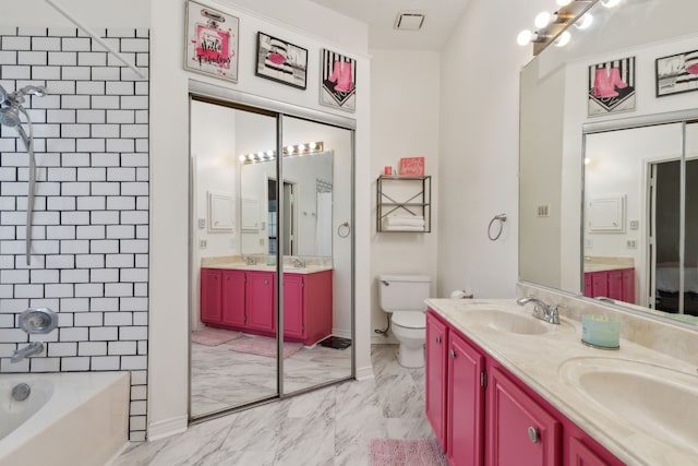 full bath featuring visible vents, marble finish floor, toilet, and a sink