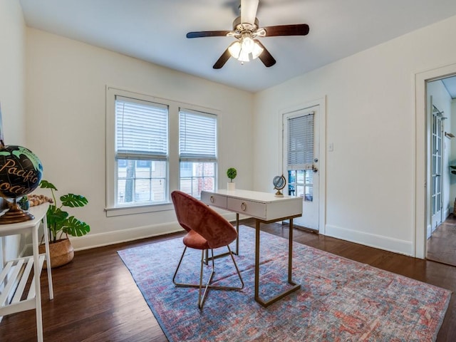 home office with baseboards, wood finished floors, and a ceiling fan