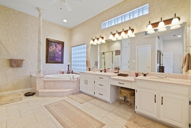 full bath with vanity, a shower stall, a bath, and tile patterned floors