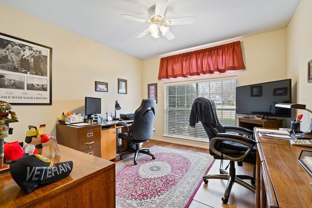 office space with ceiling fan and wood finished floors