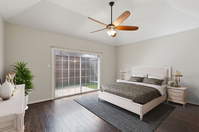 bedroom with access to outside, baseboards, a ceiling fan, and wood finished floors