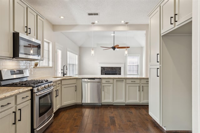 kitchen featuring a sink, backsplash, appliances with stainless steel finishes, and a healthy amount of sunlight