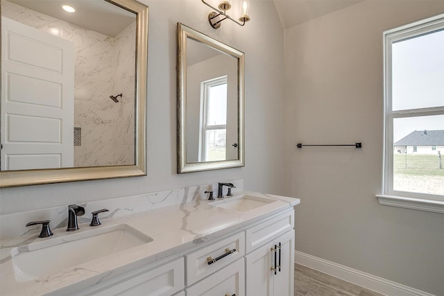 bathroom featuring double vanity, wood finished floors, baseboards, and a sink