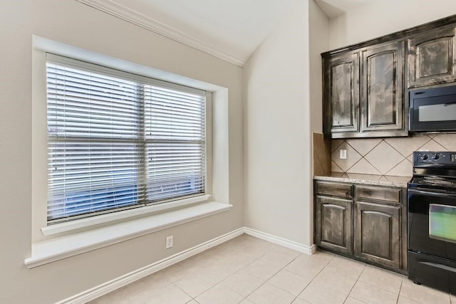 kitchen with light tile patterned floors, dark brown cabinets, backsplash, and black appliances