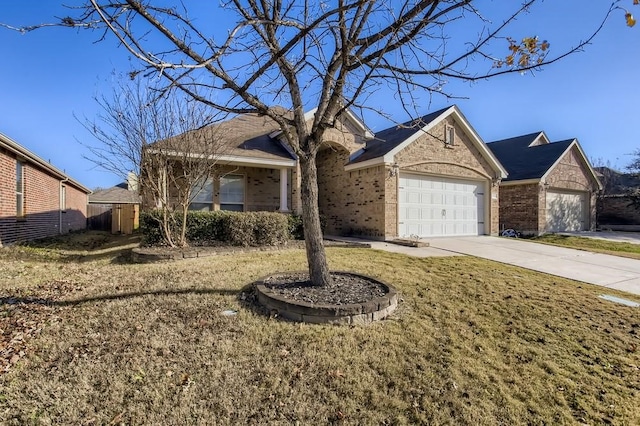 ranch-style house featuring brick siding, concrete driveway, and an attached garage